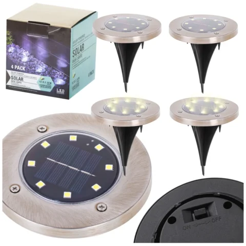 Lampy ogrodowe solarne najazdowe gruntowe czujnik zmierzchu wbijane świecący dysk 8LED 4szt. ciepły biały