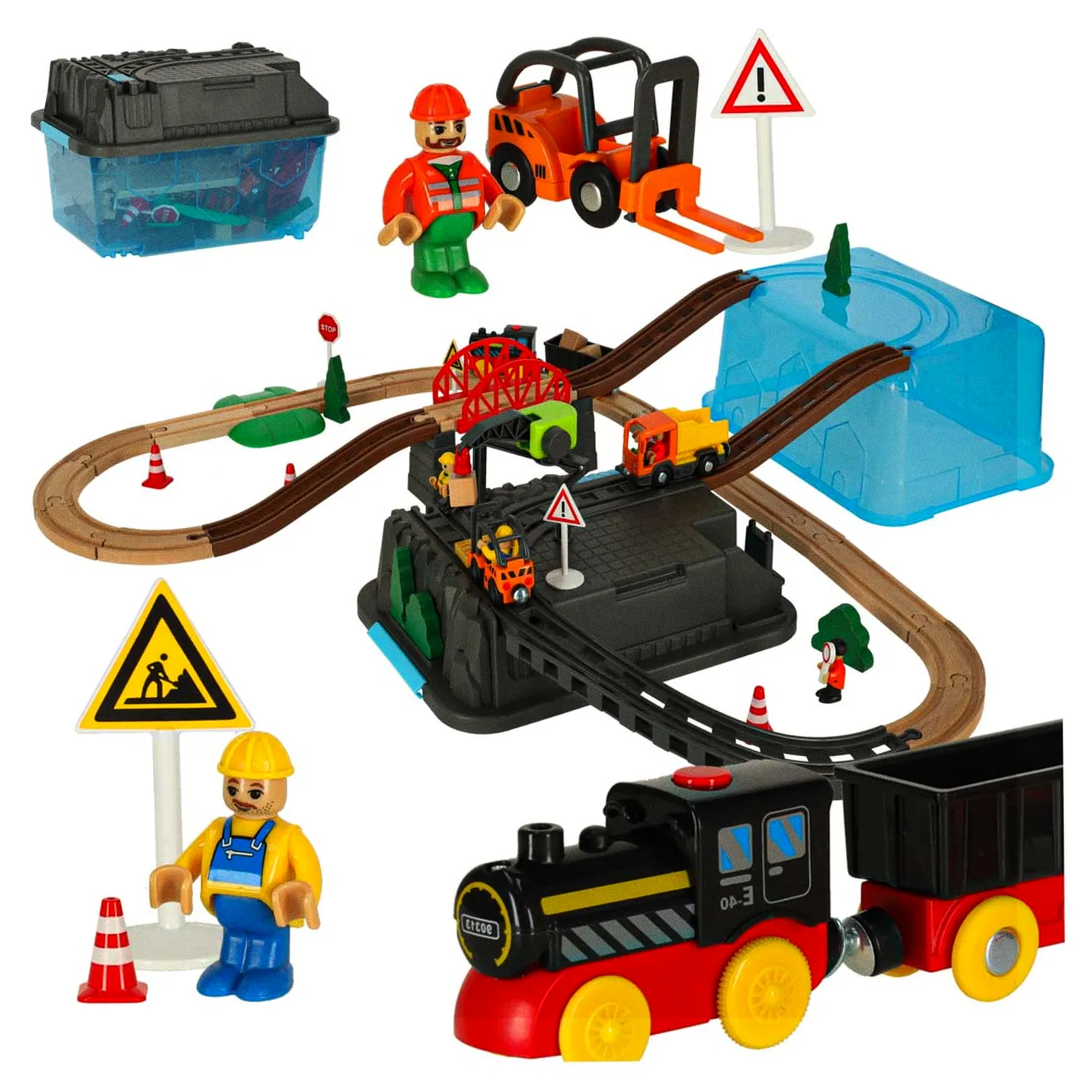 Kolejka drewniana pociąg lokomotywa plac budowy 55 elementów