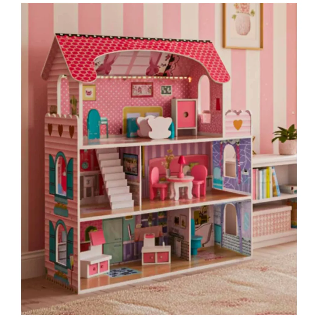 Domek dla lalek drewniany MDF mebelki 70cm różowy LED - obrazek 14