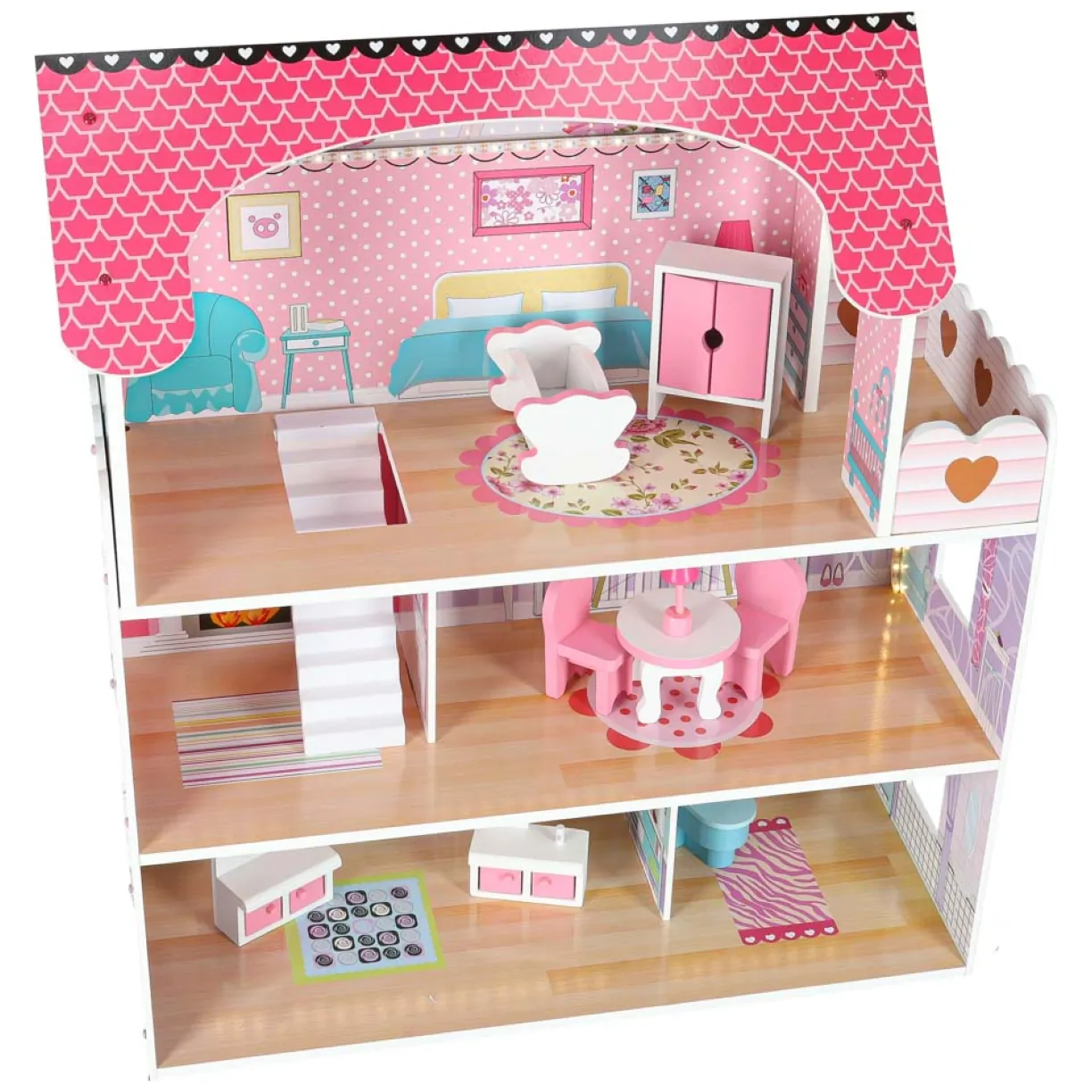 Domek dla lalek drewniany MDF mebelki 70cm różowy LED - obrazek 2