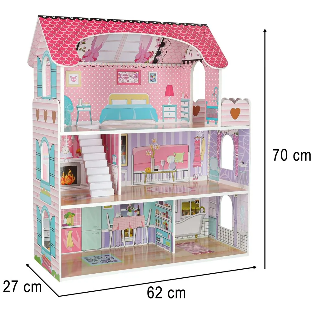 Domek dla lalek drewniany MDF mebelki 70cm różowy LED - obrazek 6