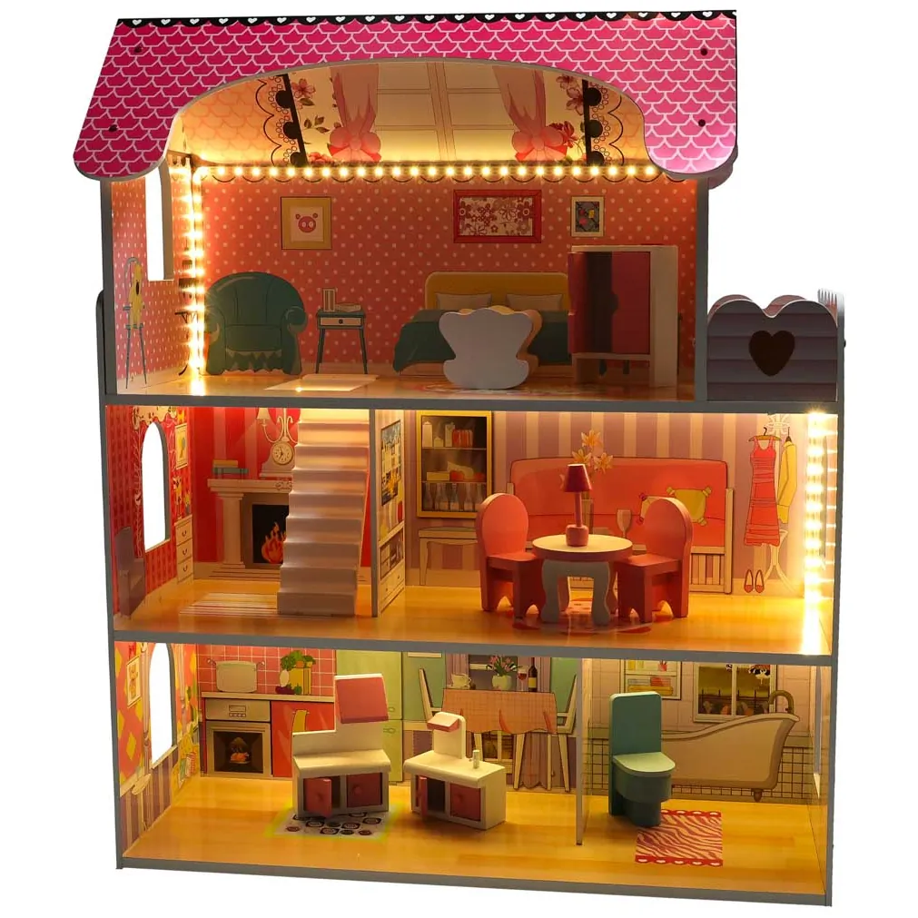 Domek dla lalek drewniany MDF mebelki 70cm różowy LED - obrazek 8