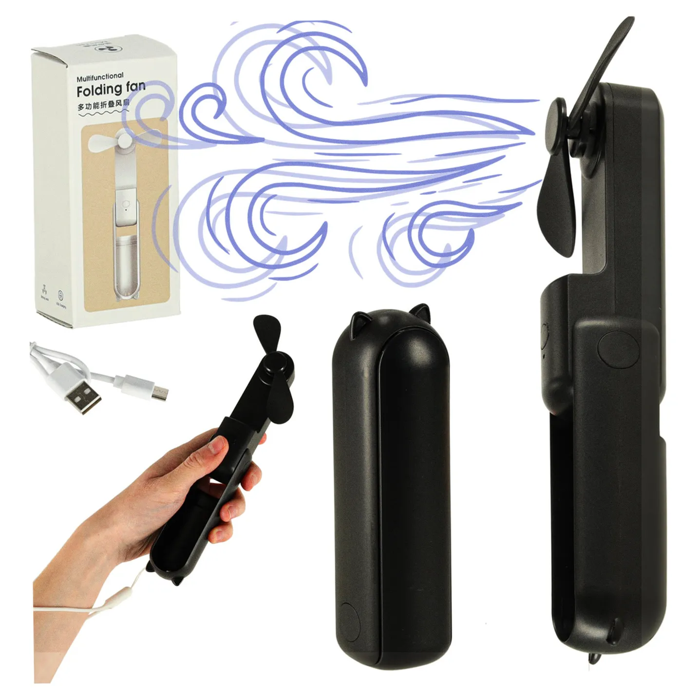 Wiatrak biurkowy wentylator mini ręczny składany wiatraczek przenośny USB czarny