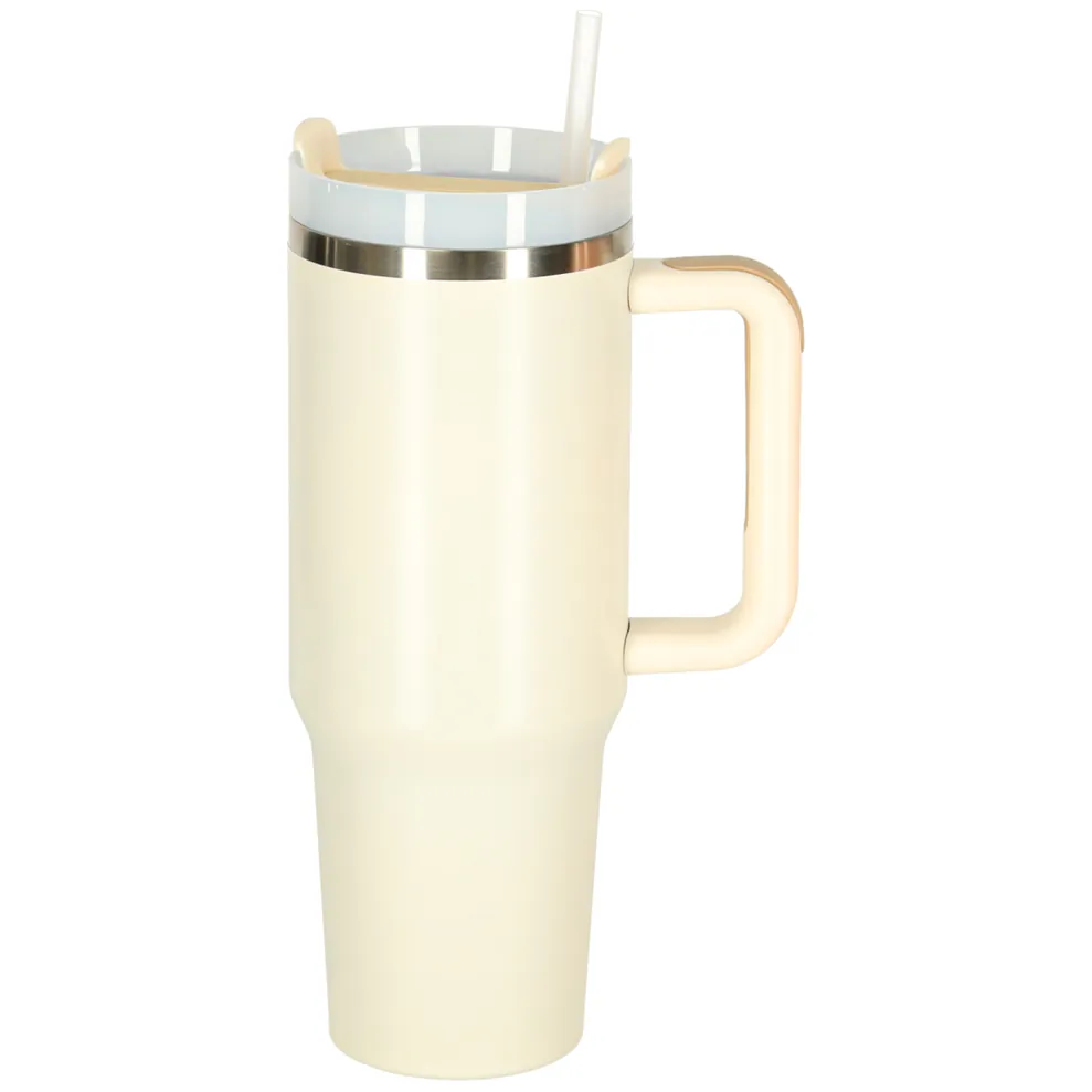 Kubek termiczny ze słomką i uchwytem termos 1200ml kremowy - obrazek 2