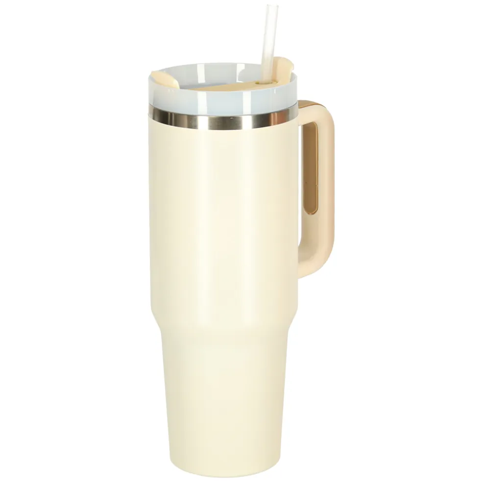 Kubek termiczny ze słomką i uchwytem termos 1200ml kremowy - obrazek 3