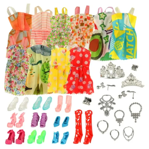 Ubranka dla lalek sukienki buciki biżuteria duży zestaw XL 34 elementy