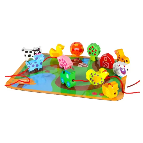 Klocki drewniane do nawlekania tablica plansza farma zwierzęta