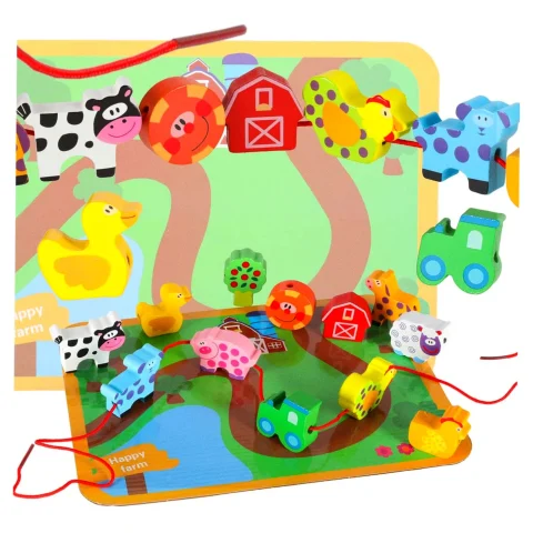Klocki drewniane do nawlekania tablica plansza farma zwierzęta