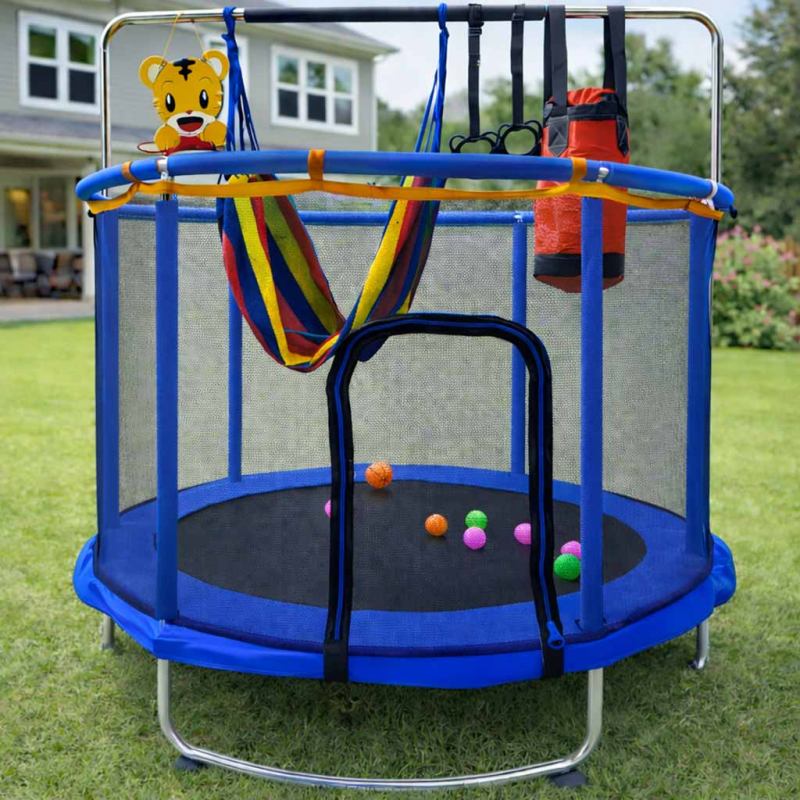 Trampolina dla dzieci ogrodowa siatka piłki koszykówka 155cm niebieska - obrazek 7