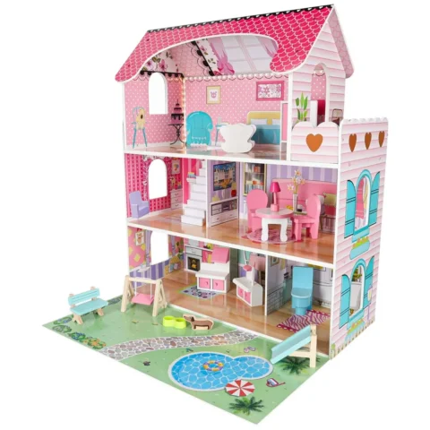 Domek dla lalek drewniany Lulilo Gardeno z ogródkiem mebelki 70cm różowy LED
