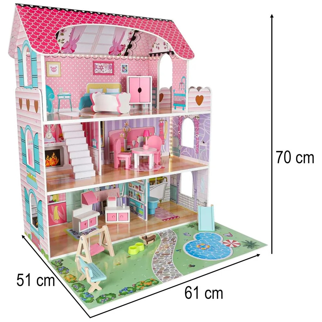 Domek dla lalek drewniany Lulilo Gardeno z ogródkiem mebelki 70cm różowy LED - obrazek 12