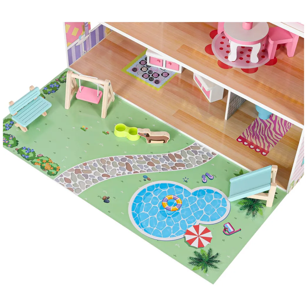 Domek dla lalek drewniany Lulilo Gardeno z ogródkiem mebelki 70cm różowy LED - obrazek 6