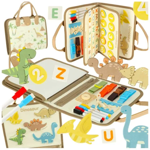 Tablica manipulacyjna sensoryczna montessori walizka dinozaury