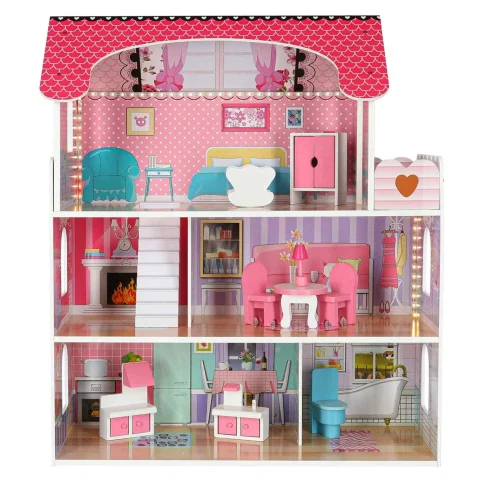 Domek dla lalek drewniany MDF mebelki 70cm różowy LED