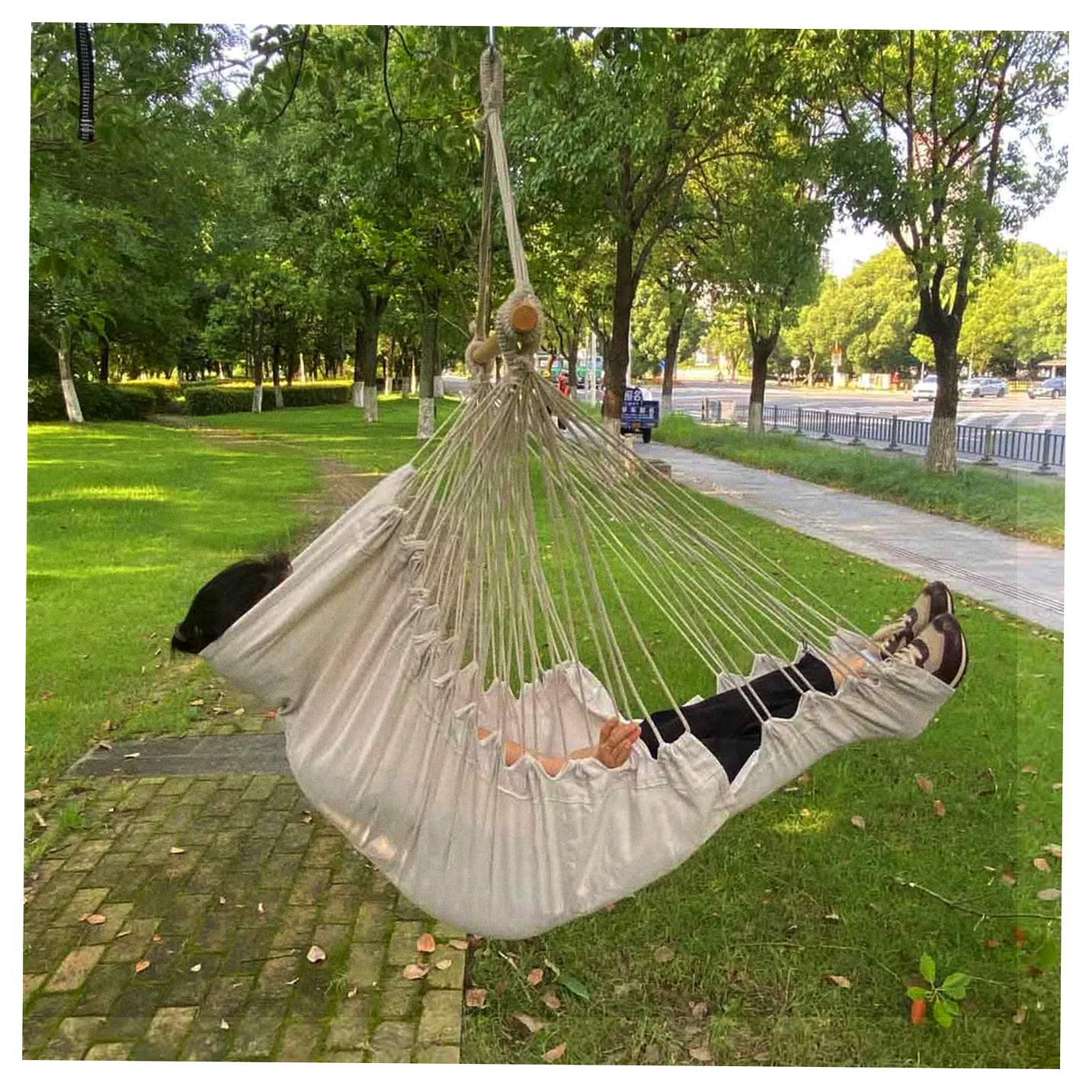 Krzesło brazylijskie z podnóżkiem leżak wiszący huśtawka 130cm beż - obrazek 12