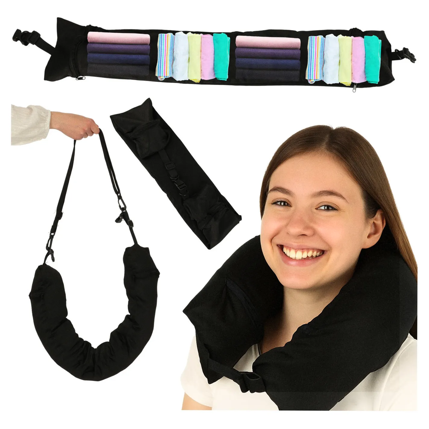 Poduszka turystyczna podróżna rogal zagłówek na szyję schowek do wypełnienia czarna