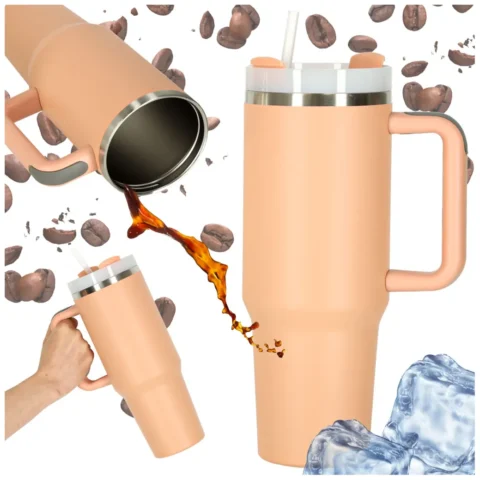 Kubek termiczny ze słomką i uchwytem termos 1200ml róż pudrowy