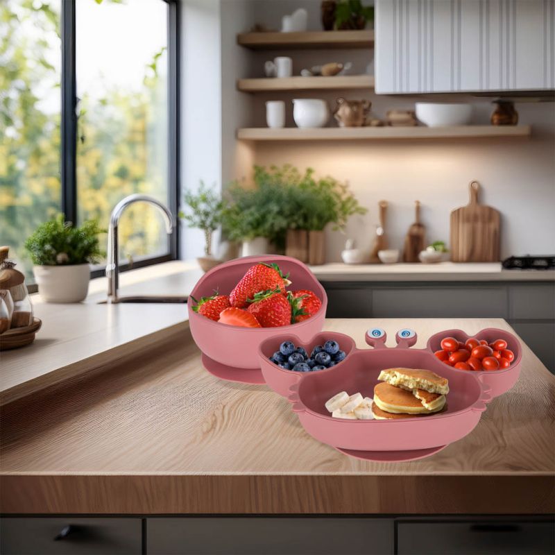 Naczynia silikonowe dla dzieci niemowląt krab zestaw 9 elementów ciemny róż - obrazek 9