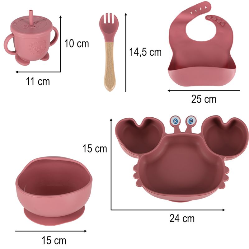 Naczynia silikonowe dla dzieci niemowląt krab zestaw 9 elementów ciemny róż - obrazek 10