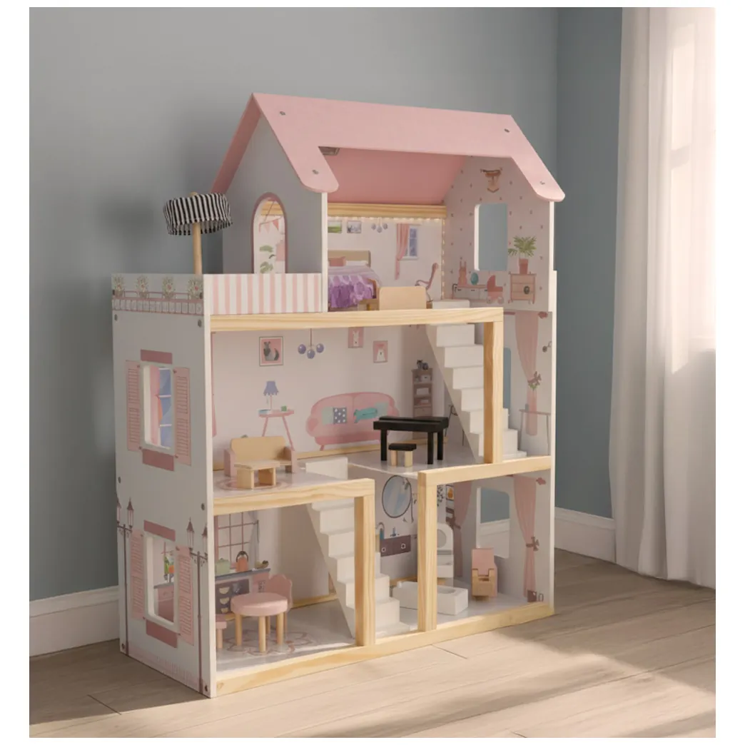 Domek dla lalek drewniany mebelki 78cm róż LED - obrazek 15