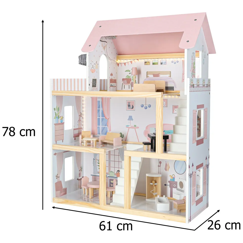 Domek dla lalek drewniany mebelki 78cm róż LED - obrazek 16