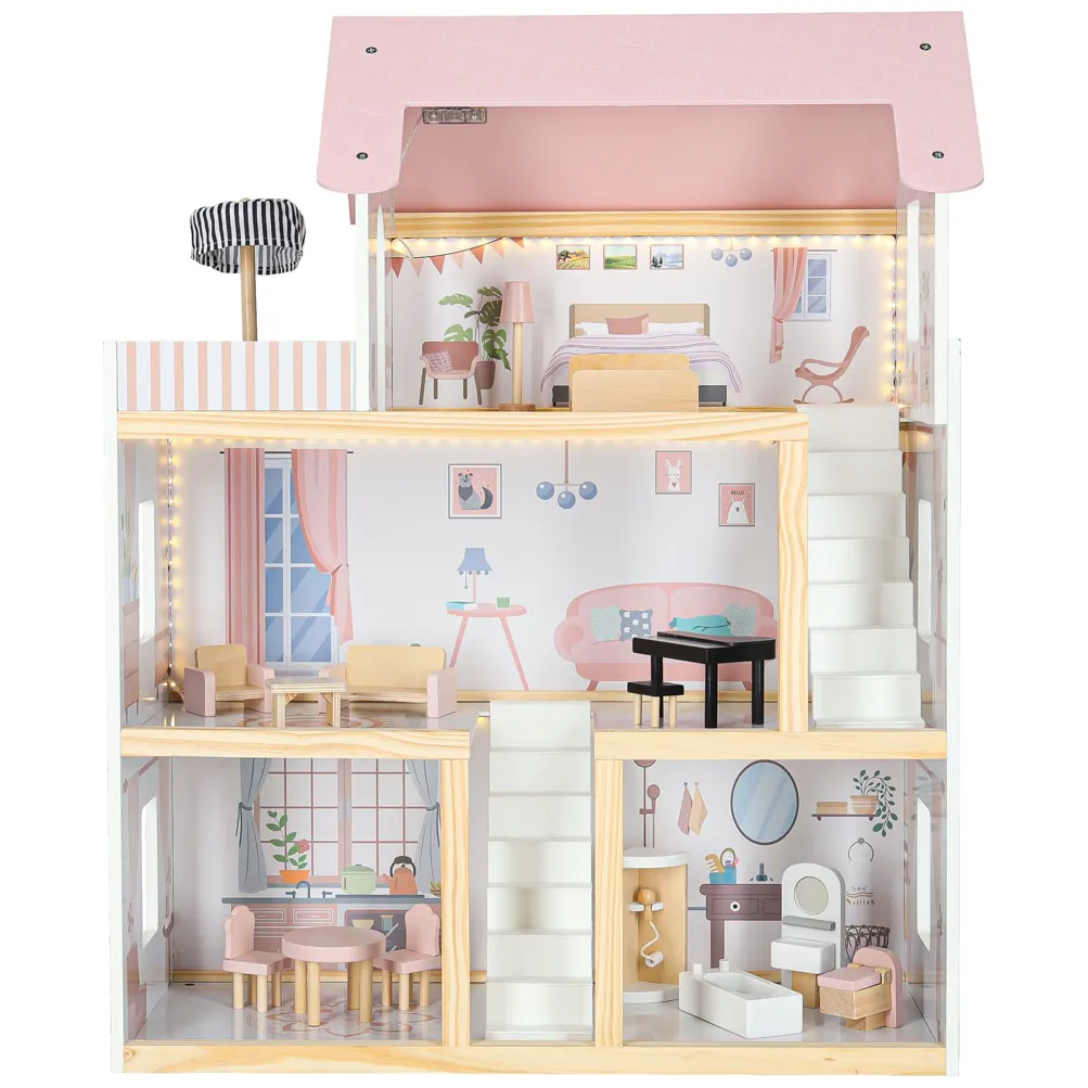 Domek dla lalek drewniany mebelki 78cm róż LED - obrazek 2