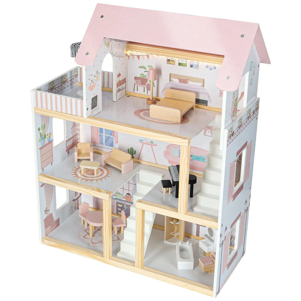 Domek dla lalek drewniany mebelki 78cm róż LED - obrazek 3