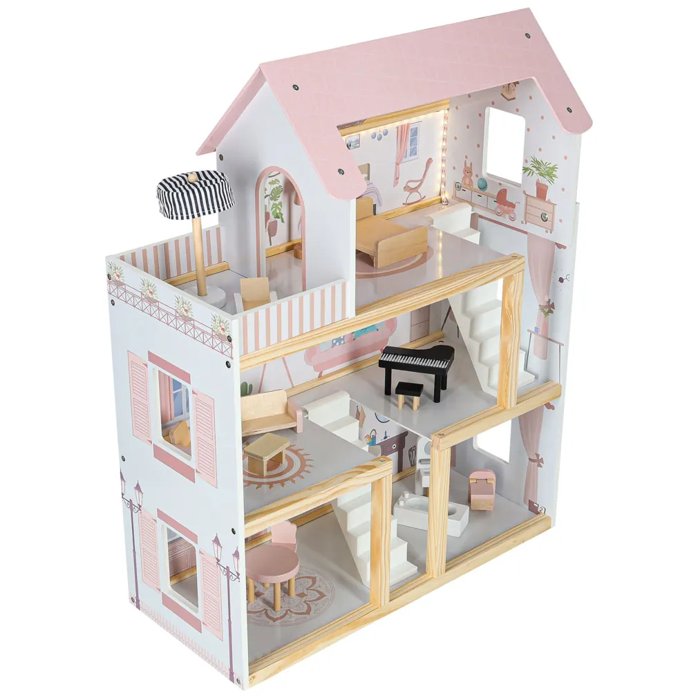 Domek dla lalek drewniany mebelki 78cm róż LED - obrazek 4