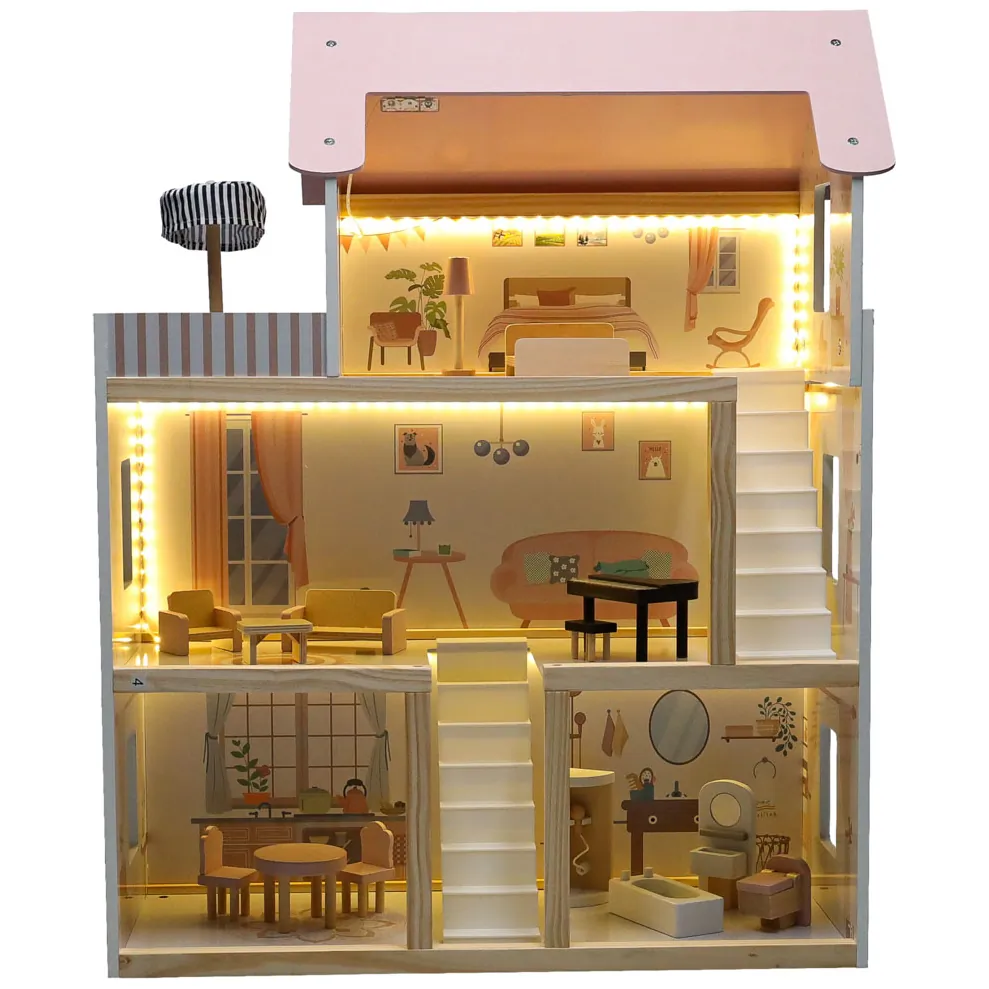 Domek dla lalek drewniany mebelki 78cm róż LED - obrazek 6
