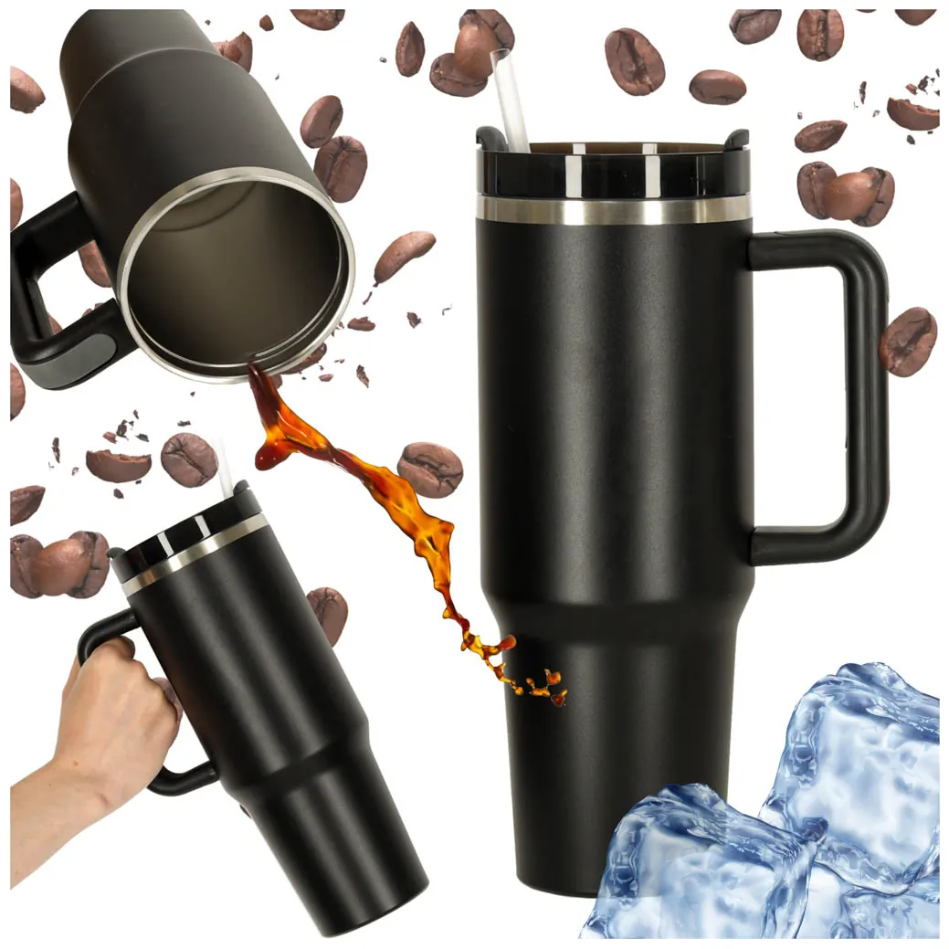Kubek termiczny ze słomką i uchwytem termos 1200ml czarny