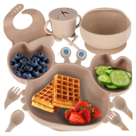 Naczynia silikonowe dla dzieci niemowląt krab zestaw 9 elementów beżowe