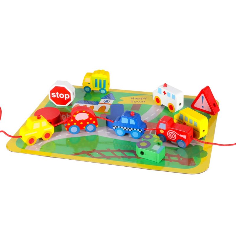 Klocki drewniane do nawlekania tablica plansza samochody pojazdy - obrazek 3