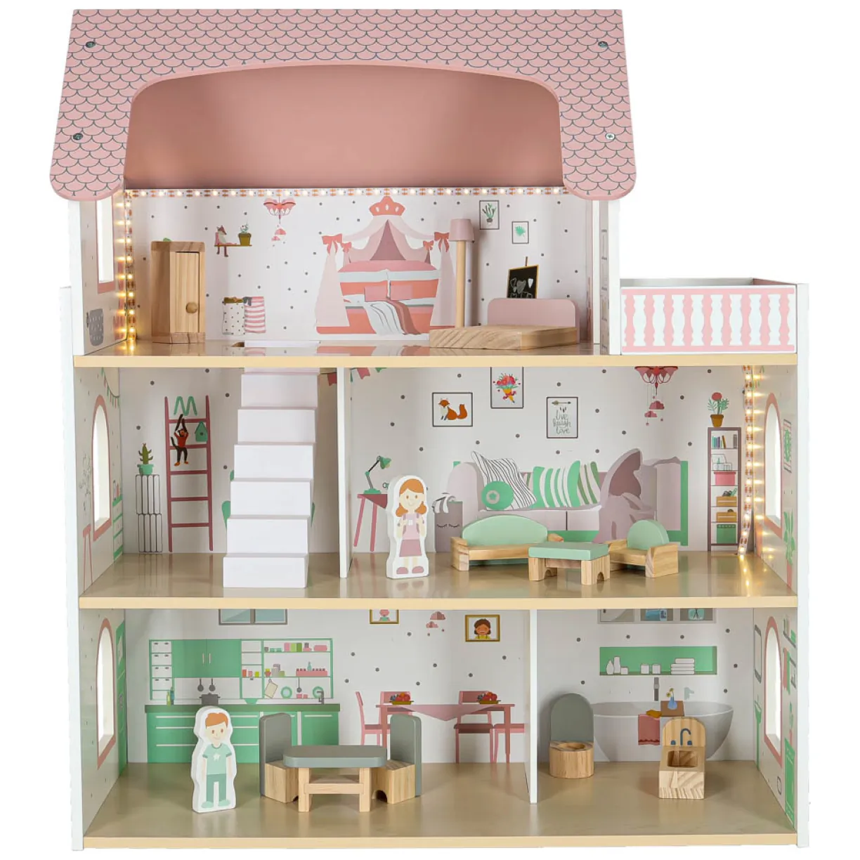 Domek dla lalek drewniany LULILO Peonio 70cm LED róż - obrazek 2