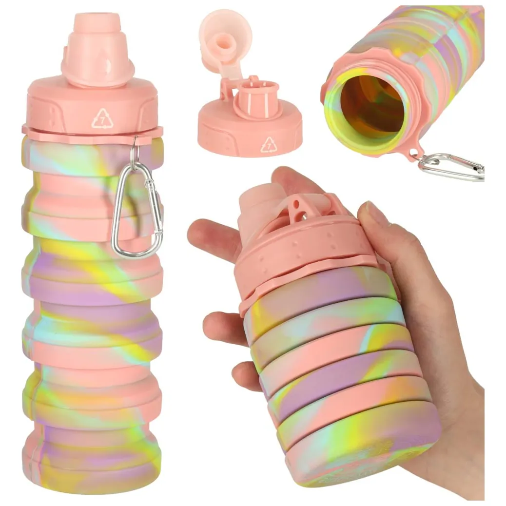 Butelka na wodę bidon silikonowy składany z uchwytem BPA FREE 500ml tęczowy