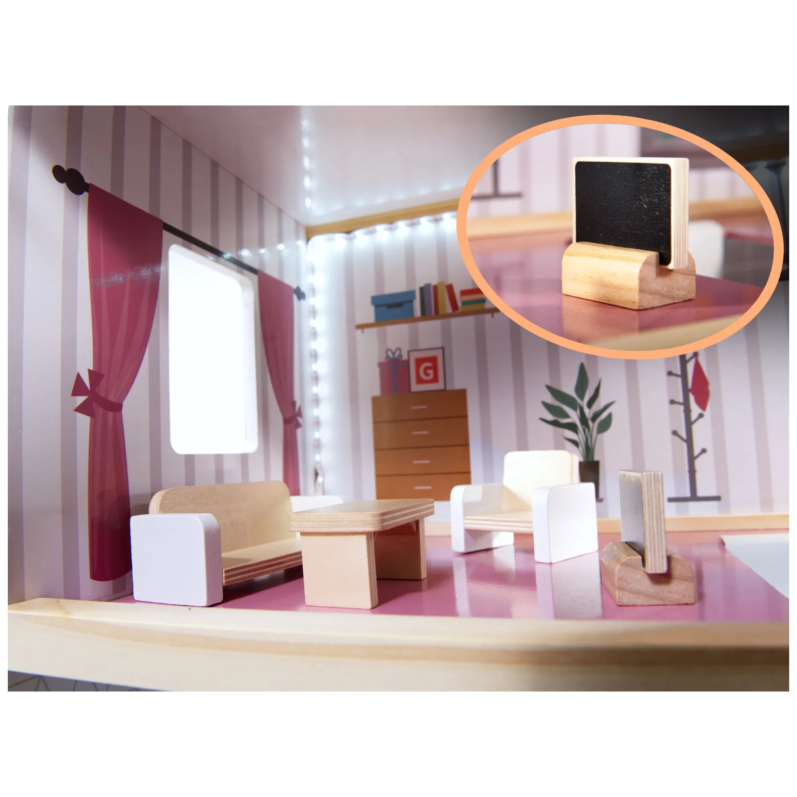 Domek dla lalek drewniany MDF mebelki 78cm biały LED - obrazek 14