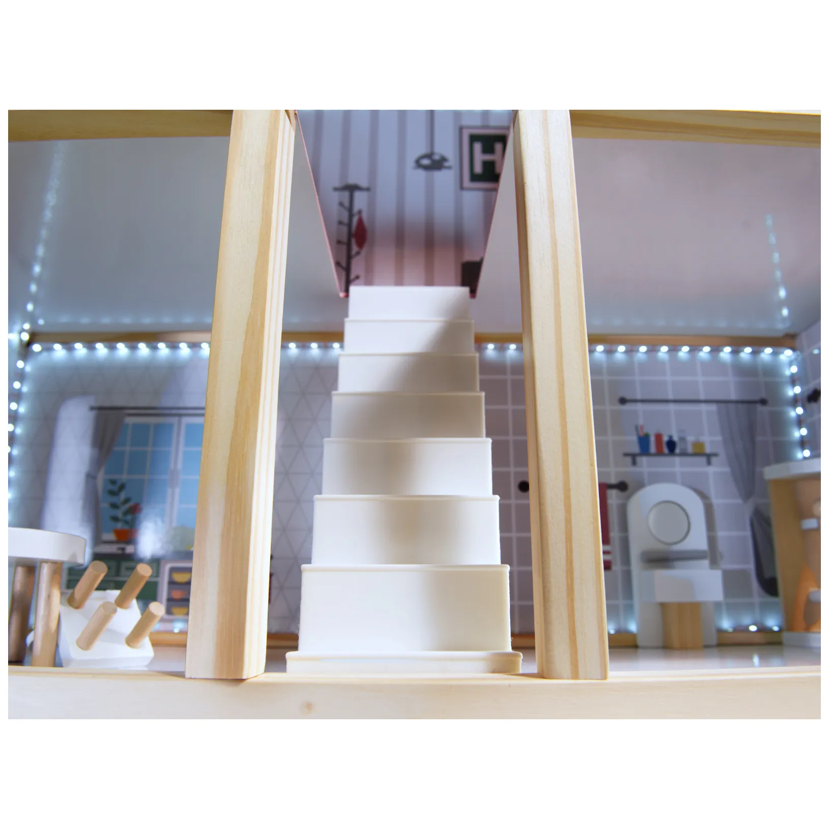 Domek dla lalek drewniany MDF mebelki 78cm biały LED - obrazek 16