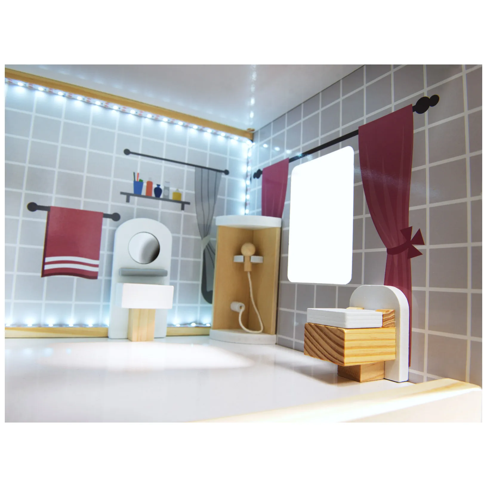 Domek dla lalek drewniany MDF mebelki 78cm biały LED - obrazek 18