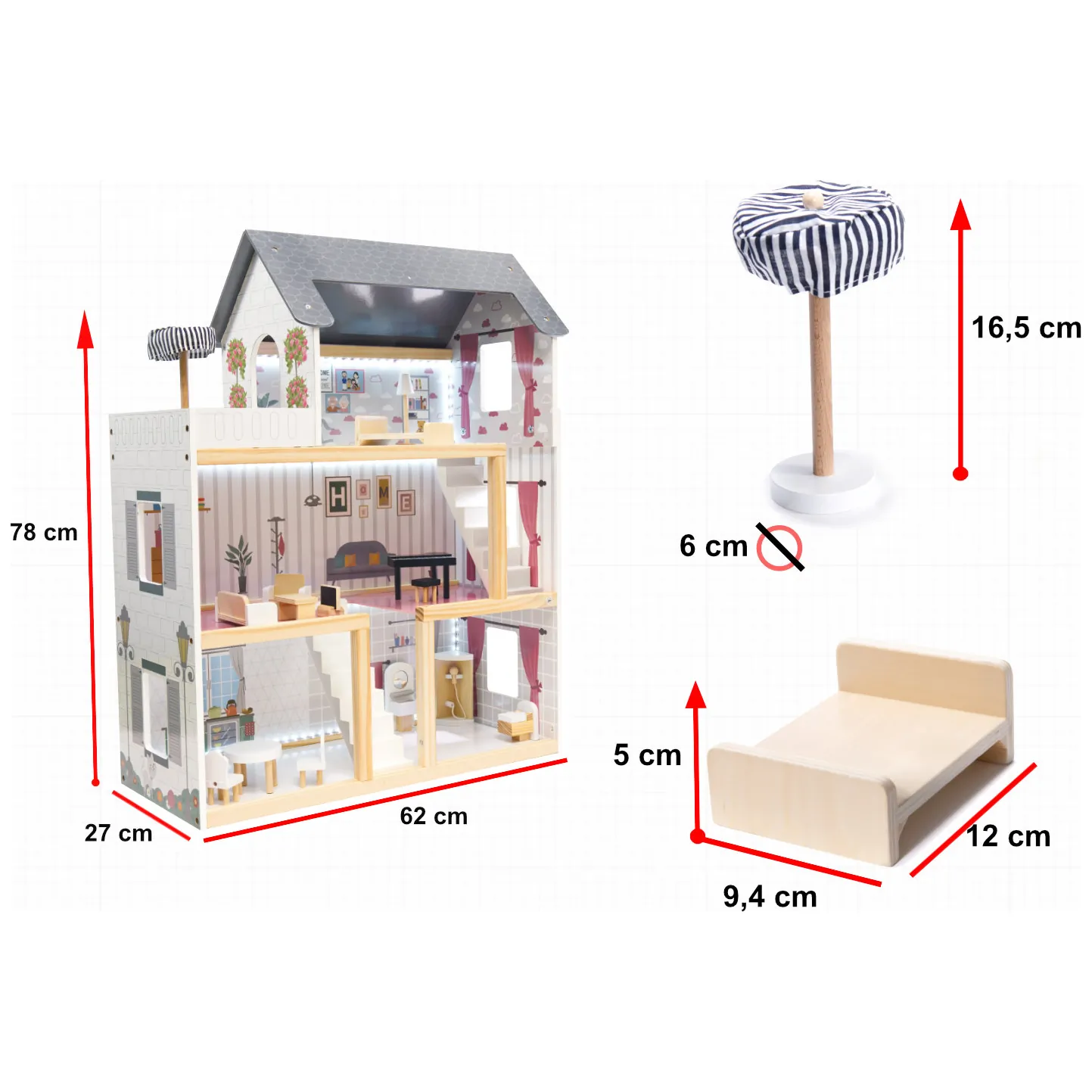 Domek dla lalek drewniany MDF mebelki 78cm biały LED - obrazek 2