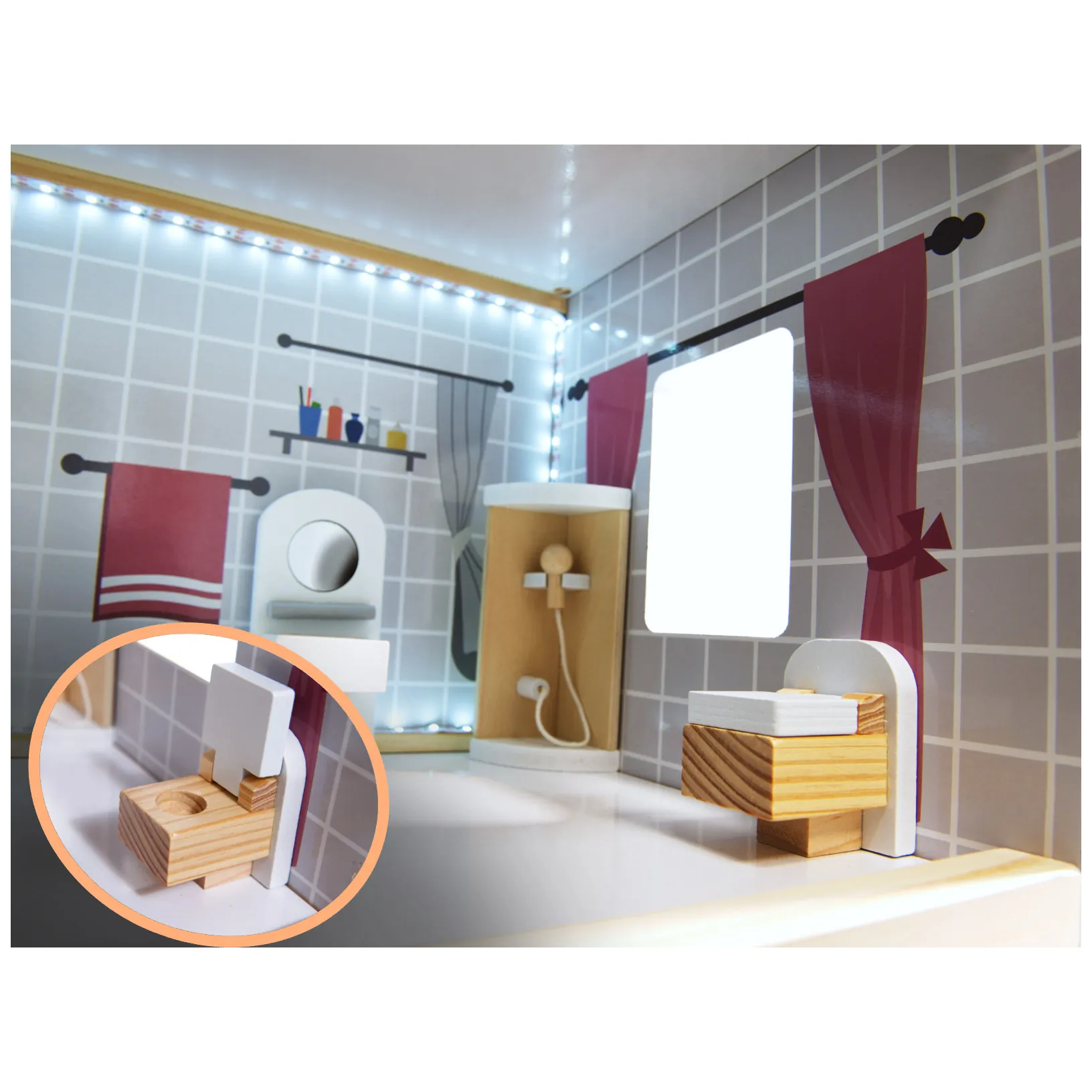 Domek dla lalek drewniany MDF mebelki 78cm biały LED - obrazek 6
