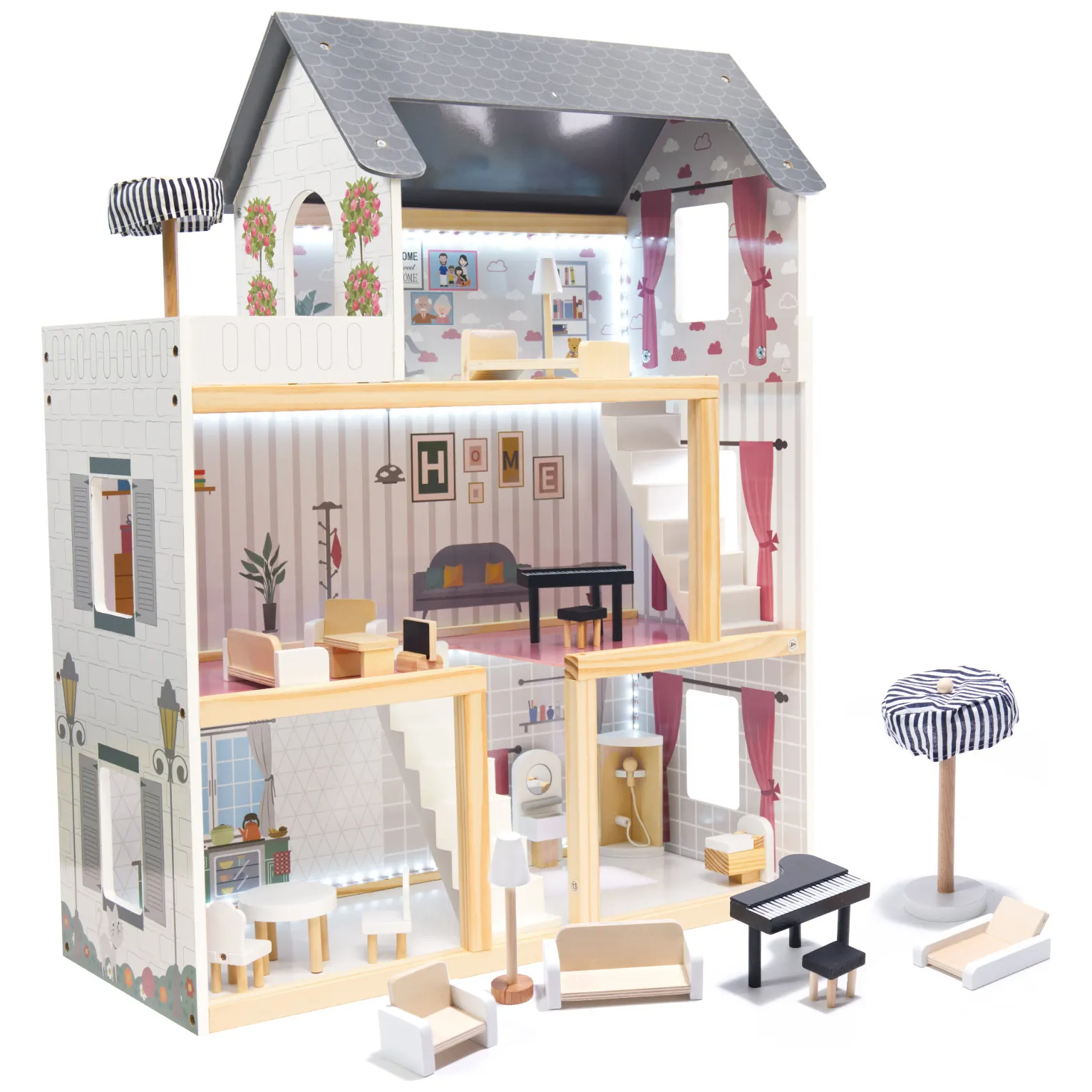 Domek dla lalek drewniany MDF mebelki 78cm biały LED