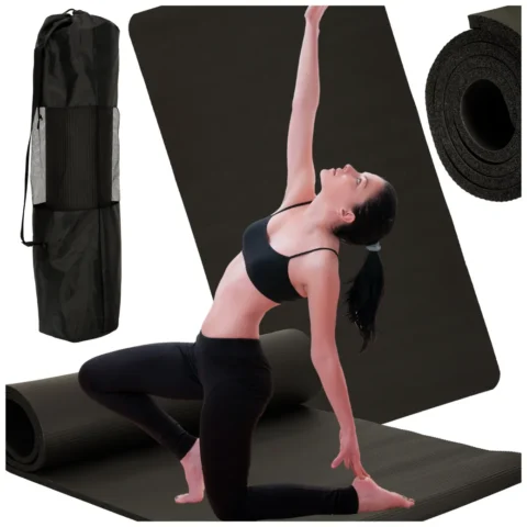 Mata do ćwiczeń jogi gimnastyczna treningowa fitness karimata gruba 1,5cm czarna + pokrowiec