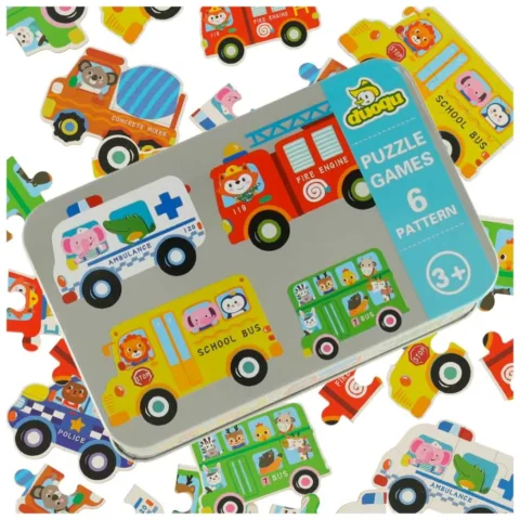Puzzle dla dzieci układanka w puszce pojazdy 30 puzzli 6 obrazków