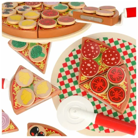 Pizza drewniany zestaw do zabawy na rzep  akcesoria łopatka nóż talerz nauka krojenia 20cm