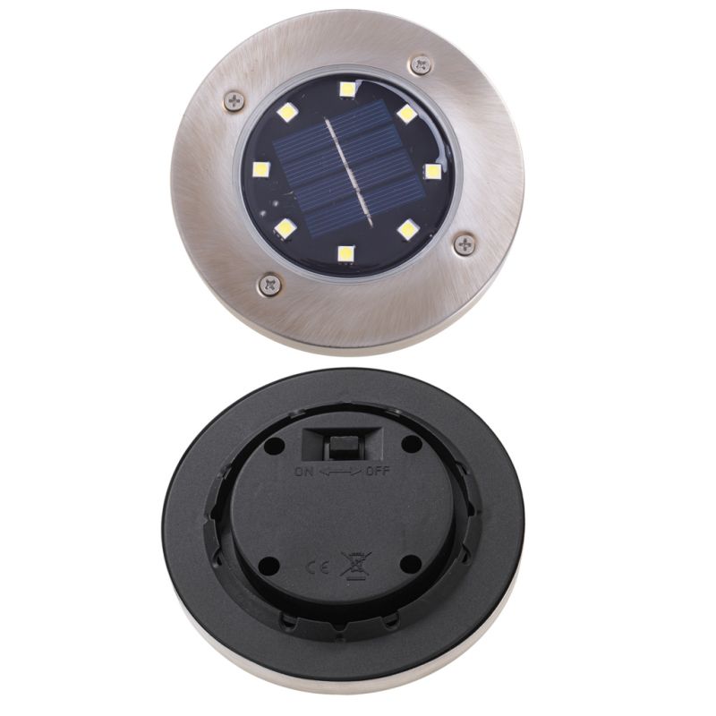 Lampy ogrodowe solarne najazdowe gruntowe czujnik zmierzchu wbijane świecący dysk 8LED 4szt. ciepły biały - obrazek 4