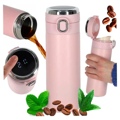 Kubek termiczny z ustnikiem termos LED 350ml róż