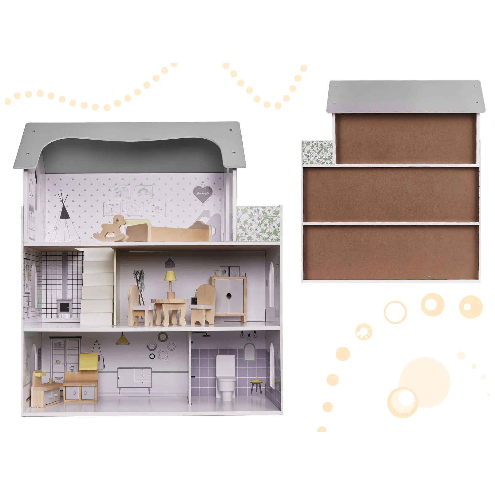 Domek dla lalek drewniany mebelki 70cm szary - obrazek 3