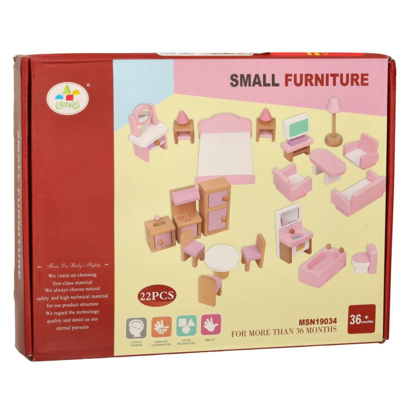 Mebelki do domku dla lalek salon sypialnia łazienka kuchnia drewniane różowe - obrazek 11