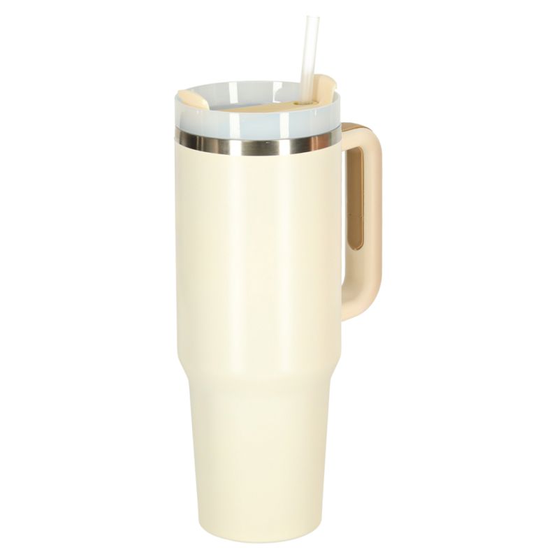 Kubek termiczny ze słomką i uchwytem termos 1200ml kremowy - obrazek 4