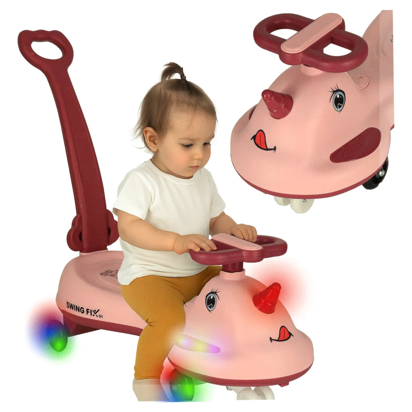 Jeździk grawitacyjny LED Swing FIX S1 skuter z rączką różowy max 65kg - obrazek 13