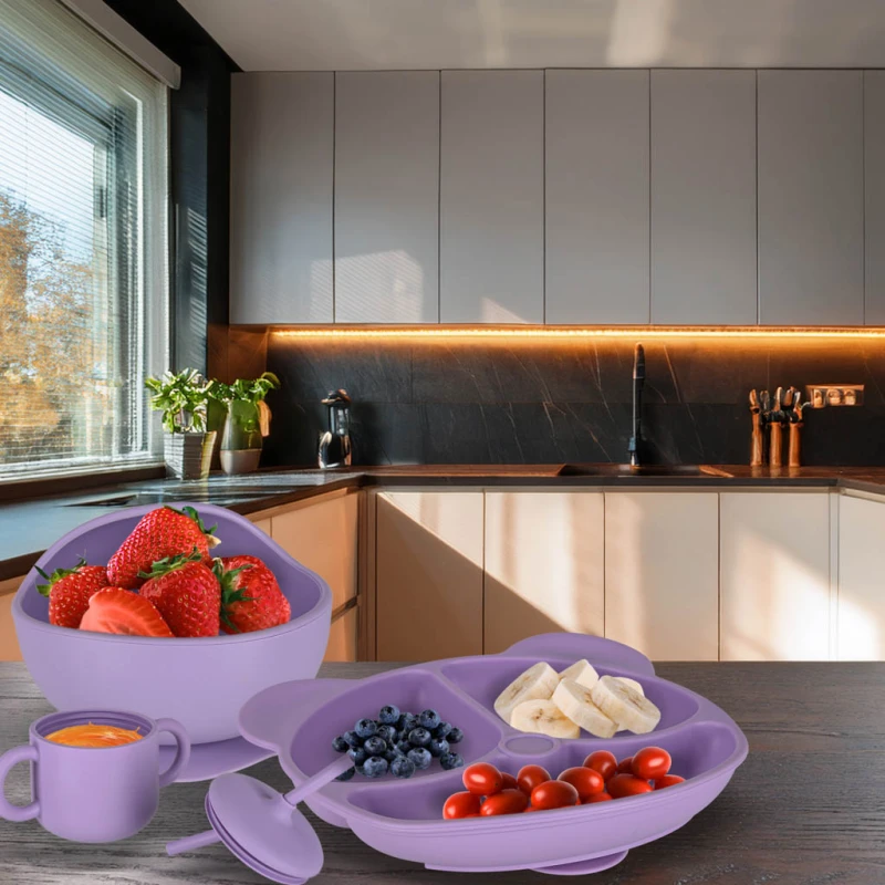 Naczynia silikonowe dla dzieci zestaw 8 elementów fioletowe - obrazek 10